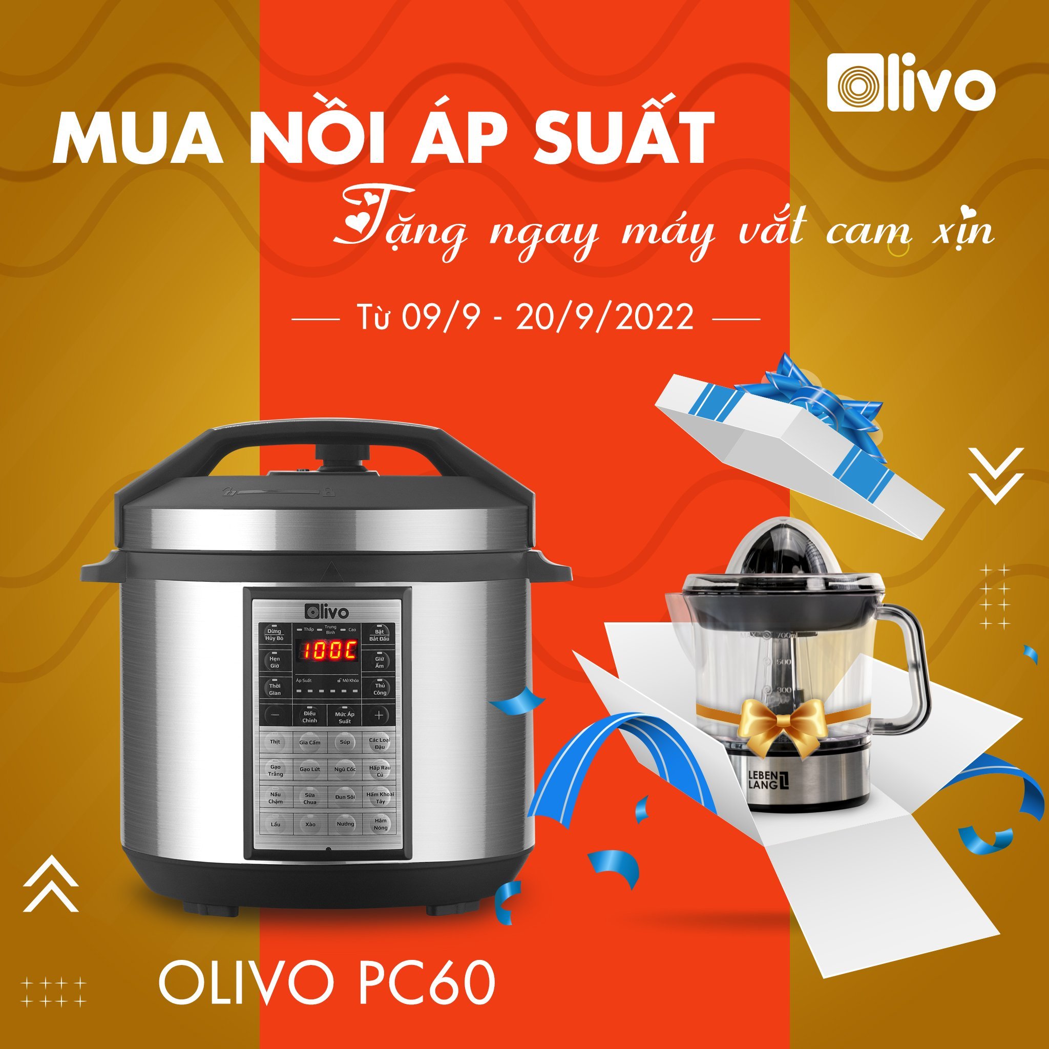 Nồi Áp Suất Điện OLIVO PC60 – Tặng máy vắt cam